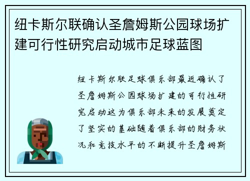 纽卡斯尔联确认圣詹姆斯公园球场扩建可行性研究启动城市足球蓝图